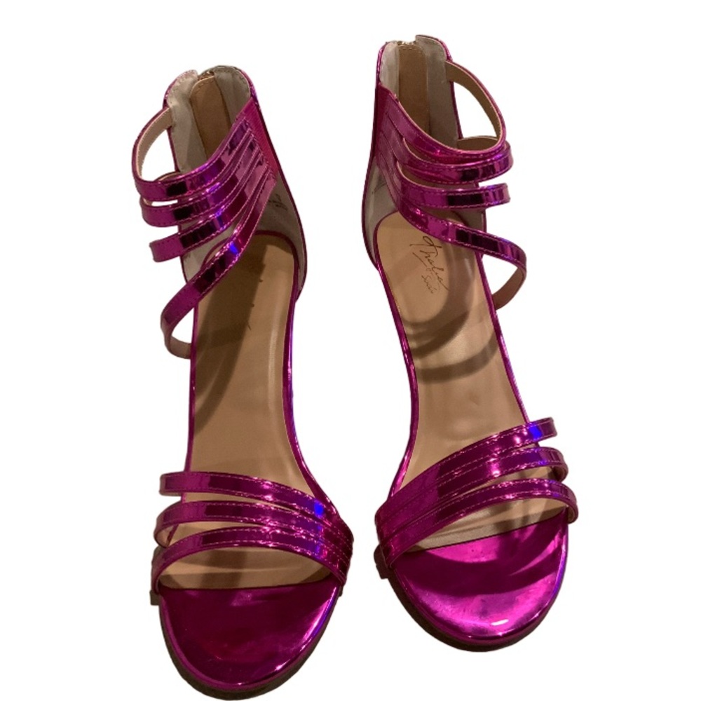 Thalia Sodi High Heels Size 9 Hot Pink Glossy Strappy 3” Heel Zip Up Closure